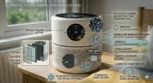 Diagram of an activated carbon air purifier layer absorbing stale odours and traffic pollution in a small bedroom.