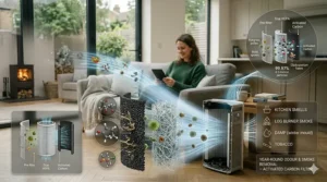 Graphic illustrating an activated carbon filter trapping smoke particles and cooking odours in a large family sitting room.