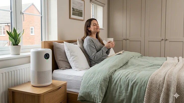 A modern white air purifier operating on a wooden bedside table in a bright, clean UK bedroom, helping to relieve nighttime allergies. air purifier bedroom allergies