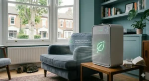 An illustration showing how a stylish air purifier traps outdoor pollen entering a semi-detached house living room during spring.