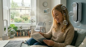 An infographic explaining the high Clean Air Delivery Rate needed for an air purifier to effectively clean a large bedroom multiple times per hour.