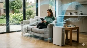 An illustration showing airflow distribution from an air purifier placed in a large open-plan lounge and kitchen diner.