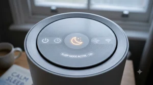 Close-up of an air purifier control panel showing the sleep mode setting.