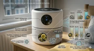 A person waking up without hay fever symptoms next to a small bedroom air purifier filtering springtime pollen.