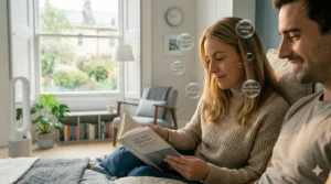 Graphic showing an air purifier clearing common UK household allergens like dust mites, pollen, and pet dander from a large bedroom environment.