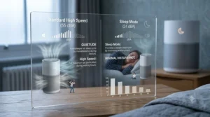 Comparison chart showing reduced noise levels using air purifier sleep mode.