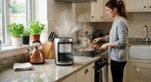 An air purifier with HEPA filtration system positioned near a hob to effectively capture kitchen grease and cooking fumes.