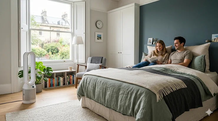 A sleek, modern air purifier operating in a spacious, well-lit British master bedroom next to a king-size bed, demonstrating efficient airflow.