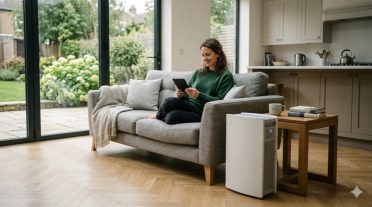 Sleek modern air purifier for large living room in a bright, open-plan British home next to a grey fabric sofa.