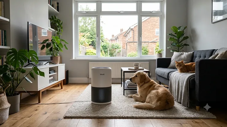 Modern air purifier operating in a contemporary British living room with a golden retriever sitting on the rug. air purifier for living room with pets