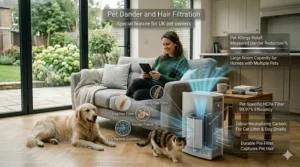 Illustration of a dog resting on a rug next to a quiet air purifier designed to trap pet dander and hair in large spaces.
