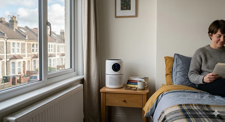 Compact air purifier operating on a bedside table in a small modern bedroom, providing quiet overnight filtration. air purifier for small bedroom