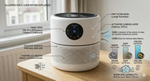 Guide explaining the correct clean air delivery rate or CADR rating needed for a small bedroom air purifier.