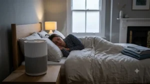 A peaceful bedroom scene with an active air purifier in sleep mode.