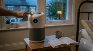 A photorealistic, highly detailed close-up illustration of the air purifier’s integration into the bedroom.