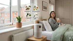 An infographic illustrating common bedroom allergens that trigger allergies, including dust mites, pet dander, and pollen.