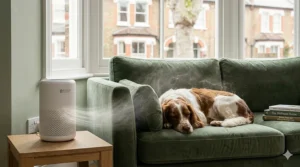 A small white air purifier on a wooden side table filtering pet dander and hair near a Spaniel dog sleeping soundly on a green velvet sofa.