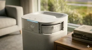 A compact and stylish air purifier placed on a wooden side table in a cosy, contemporary London flat.