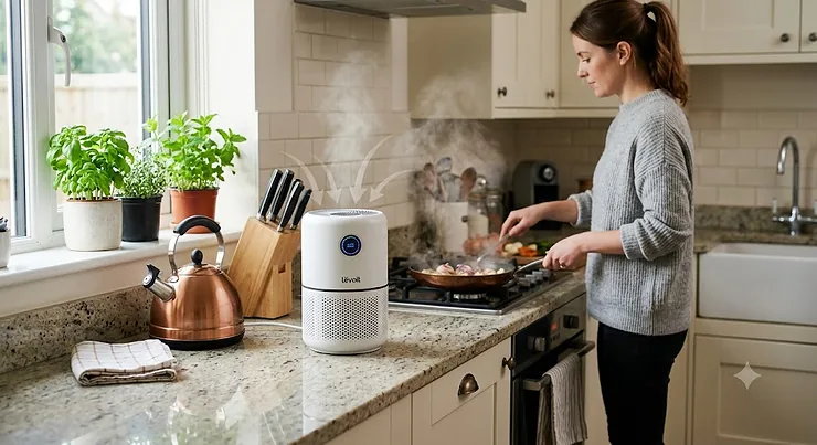 A compact air purifier placed on a kitchen countertop in a modern British home to remove cooking odours. air purifier for kitchen
