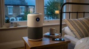 A detailed, close-up photograph of the bedside table and air purifier from image_0.png, viewed from eye-level.