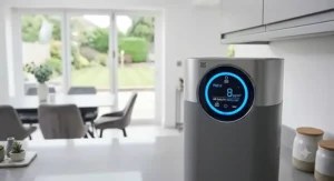 An energy-efficient air purifier display screen showing air quality levels in a UK kitchen environment.