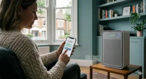 An infographic highlighting the low running costs and energy efficiency of a stylish air purifier in a home environment.