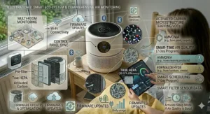 Infographic showing the low running costs and energy efficiency ratings of a small bedroom air purifier.