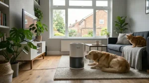 Diagram of a carbon filter neutralizing pet odours and damp dog smells in a British sitting room.