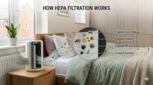 A diagram showing how a True HEPA filter captures microscopic particles to clear an allergy-prone bedroom.