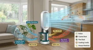 Diagram of a high-capacity air purifier in an open-plan UK kitchen and lounge trapping cooking smells, grease particles, pollen, and fine dust.
