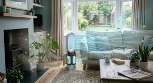 Visualisation of a living room air purifier drawing in airborne particles from around a fireplace and circulating clean, filtered air across a lounge sofa.