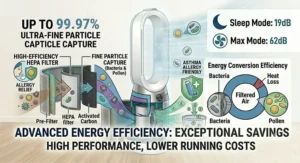 Infographic diagram of an asthma and allergy-friendly HEPA filter system capturing fine particles, pollen, and bacteria for living room allergy relief.
