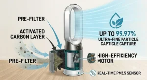 Exploded view diagram of a living room air purifier detailing the pre-filter, activated carbon layer, high-efficiency motor, and real-time PM2.5 sensor.