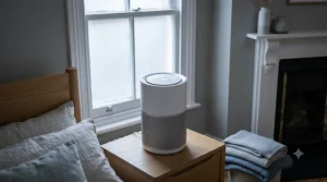 Compact air purifier running in sleep mode beside a bedside table.