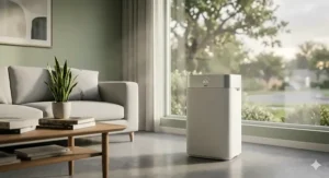 A minimalist, stylish air purifier blending seamlessly into a Scandinavian-style lounge with neutral decor and potted house plants.