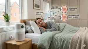 A peaceful illustration of a person sleeping comfortably in a clean bedroom, free from allergy symptoms.