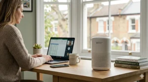 A woman working on a laptop at a home office desk with a small desktop air purifier running nearby to clear allergens.