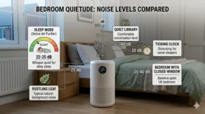 A comparison chart highlighting the whisper-quiet sleep mode of an air purifier designed for bedrooms.