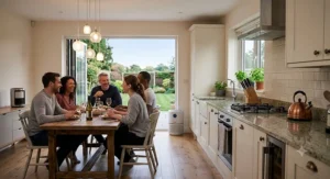 A quiet air purifier running in an open-plan kitchen-diner, ideal for maintaining clean air while entertaining guests.