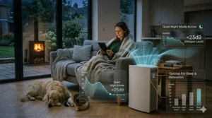 Infographic displaying low decibel noise levels of an air purifier running on night mode in a cosy living room setting.