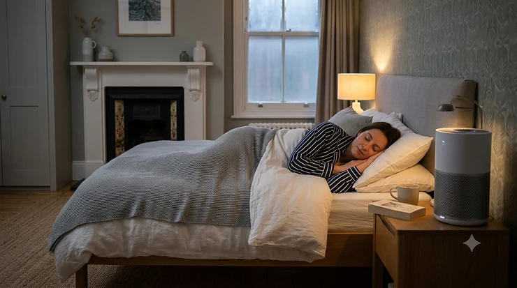 Modern air purifier in sleep mode operating quietly in a bedroom.