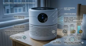 Quiet air purifier with dimmed lights on a bedside cabinet, running on night mode for undisturbed sleep.