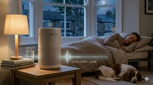 An ultra-quiet air purifier operating below 22 decibels on a nightstand while a woman and her dog sleep peacefully in a British bedroom.