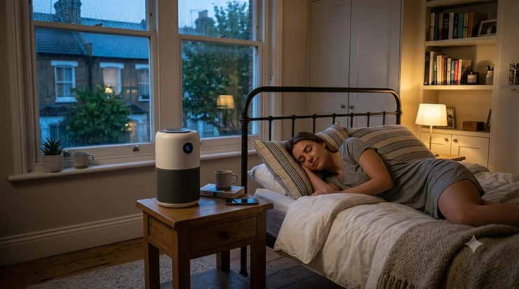 A candid, photorealistic photograph of a peaceful British bedroom at night, featuring a sleeping woman and a quiet air purifier. quietest air purifier for sleeping