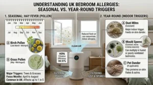 A timeline illustration comparing seasonal UK hay fever triggers with year-round indoor bedroom allergies.