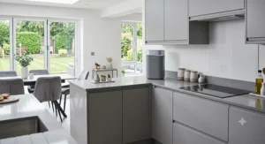 A sleek, contemporary air purifier design blending into a stylish grey and white British kitchen interior.