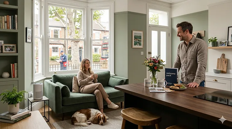A compact white air purifier operates on a bedside table in a modern British home, where a couple relaxes in a green-walled lounge with their sleeping dog. small air purifier for allergies