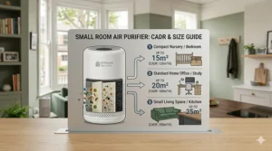 An infographic chart detailing the CADR room size guide for a small room air purifier across nurseries, studies, and living spaces.