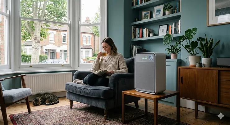 A sleek, modern air purifier standing next to a velvet armchair in a brightly lit, stylish British living room with large Victorian windows.