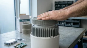 A high-resolution close-up photograph capturing the same hands and air purifier unit from image_16.png.